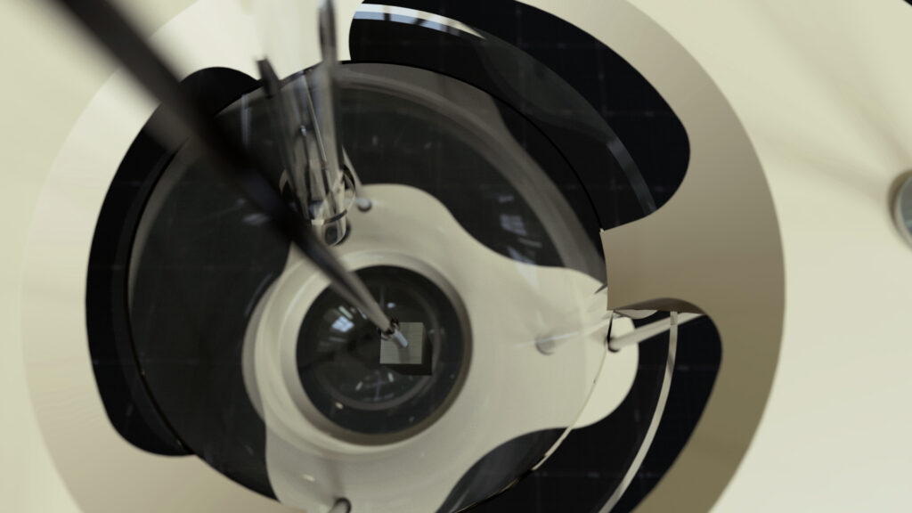 Top view of the dome, showing the sensor and humidifying tubes through the lid.