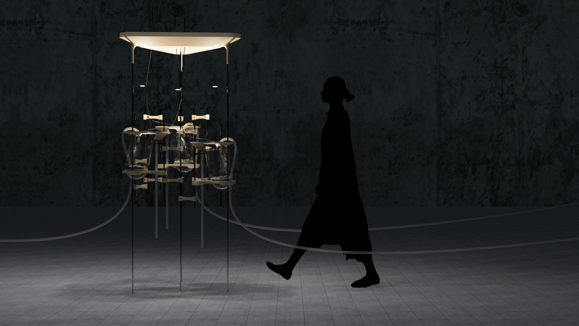 3d render of a model of a a slanted glass dome suspended in between 3 horizontal metal rods with a sensor and tubes within it.