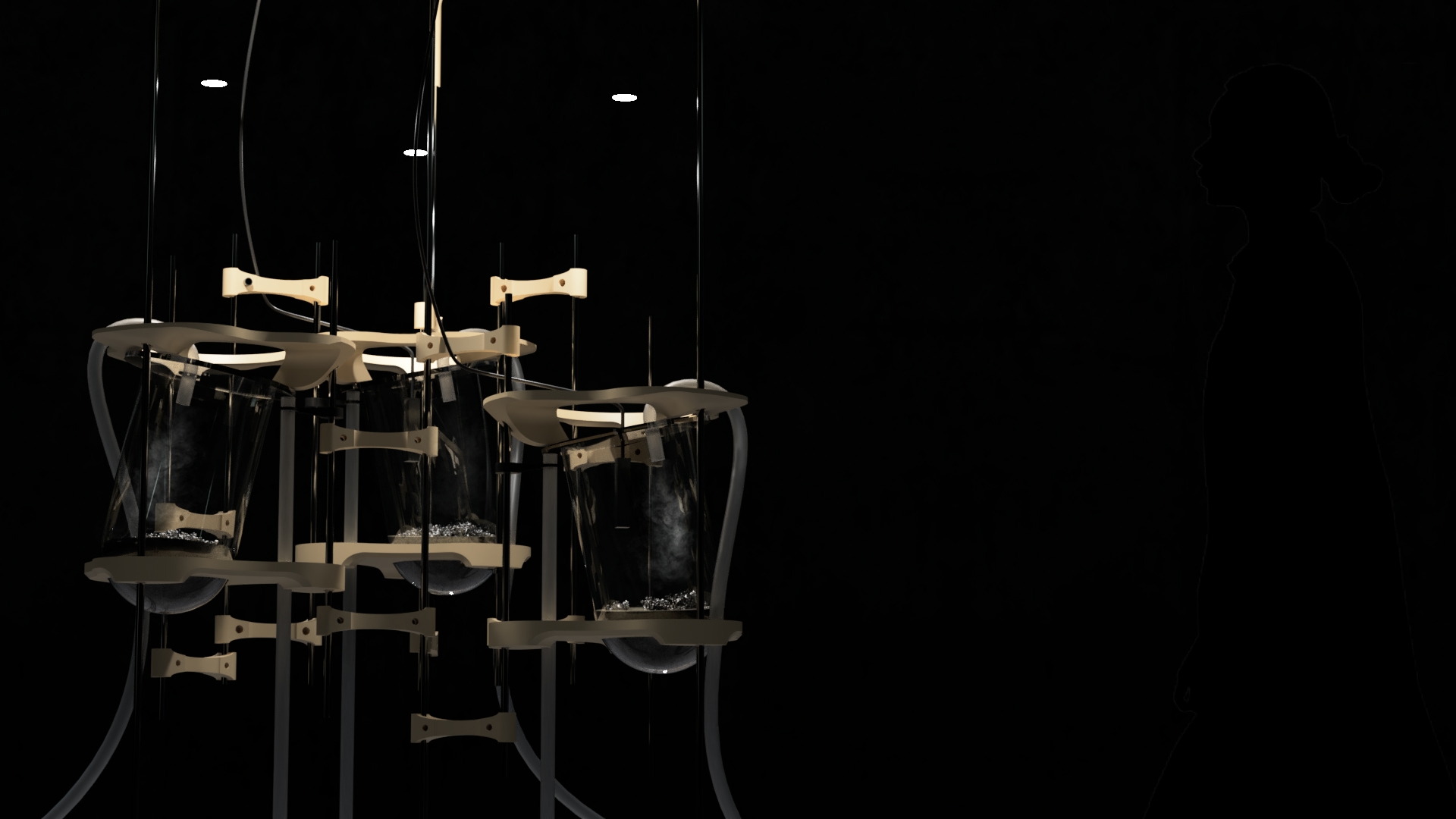 3d render of a model of a a slanted glass dome suspended in between 3 horizontal metal rods with a sensor and tubes within it.